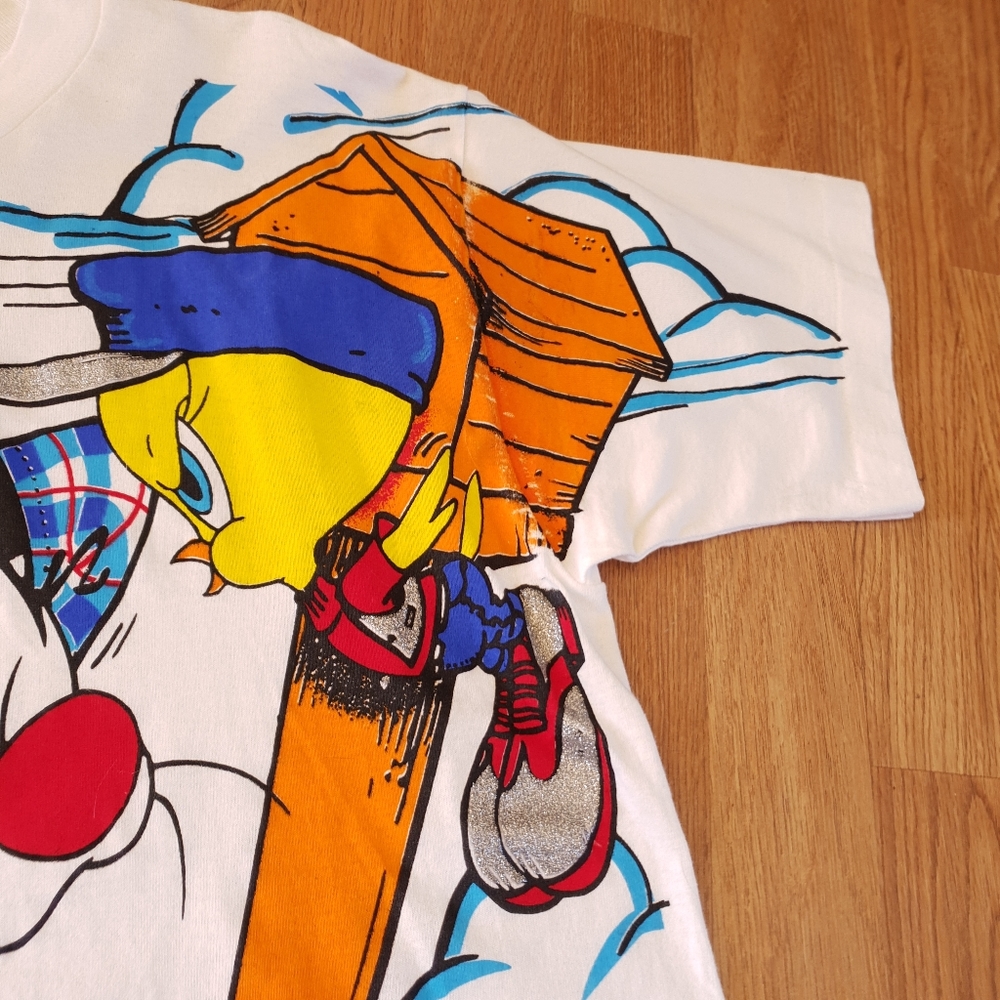 Looney Tunes Vintage 1995 AOP Sylvester Tweety Bird Cartoon Get A Life Tee Large - Picture 5 of 14